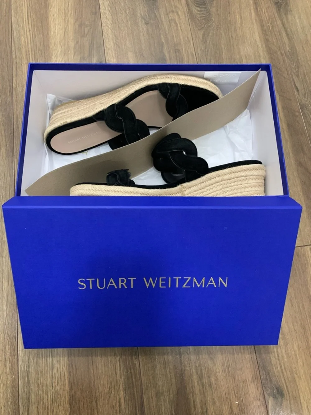 Stuart Weitzman women’s Black Twist Suede Espadrille Wedge Slide Sandal size 9.5 - Picture 14 of 14